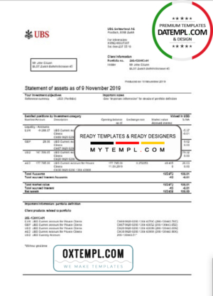 editable template, Switzerland UBS bank statement template in .xls and .pdf file format, Version 2