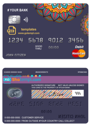 editable template, # mandala jasmine universal multipurpose bank mastercard debit credit card template in PSD format, fully editable