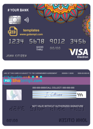 editable template, # mandala jasmine universal multipurpose bank visa electron credit card template in PSD format, fully editable