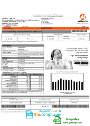 editable template, Philippines Meralco electricity utility bill template, fully editable in PSD format