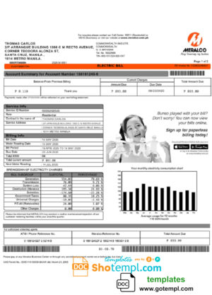 editable template, Philippines Meralco electricity utility bill template in Word and PDF format