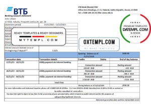 editable template, Russia VTB bank statement easy to fill template in .xls and .pdf file format