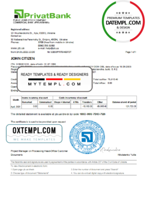 editable template, Ukraine Privatbank statement template in Excel and PDF format