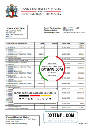 editable template, Malta Central Bank of Malta bank statement template in Word and PDF format