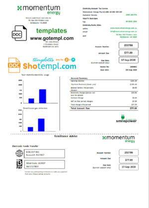 editable template, Australia Momentum Energy utility bill template in Word and PDF format