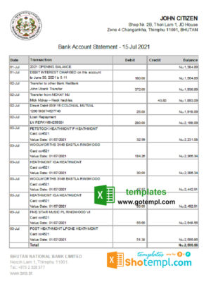 editable template, Bhutan National Bank statement easy to fill template in Excel and PDF format