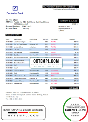 editable template, Mexico Deutsche bank statement easy to fill template in Excel and PDF format