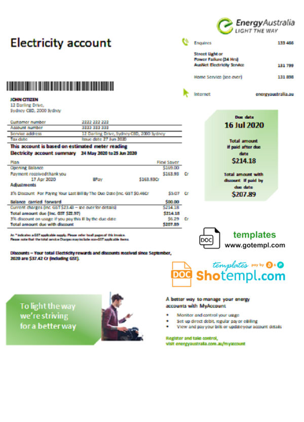 editable template, Australia Energy Australia electricity utility bill template in Word and PDF format