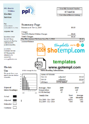 editable template, USA Pennsylvania PPL Electric utility bill template in Word and PDF format