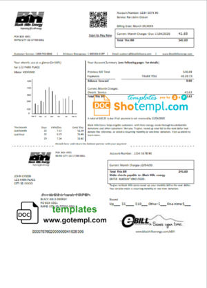 editable template, USA South Dakota Black Hills Energy utility bill template in Word and PDF format