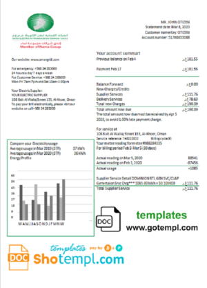 editable template, Oman Electricity Transmission Company electricity utility bill template in Word and PDF format