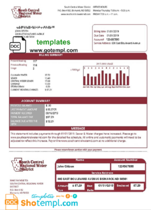 editable template, USA North Dakota South Central Regional Water District utility bill template in Word and PDF format