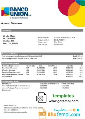 editable template, Bolivia Banco Union bank statement template in Word and PDF format