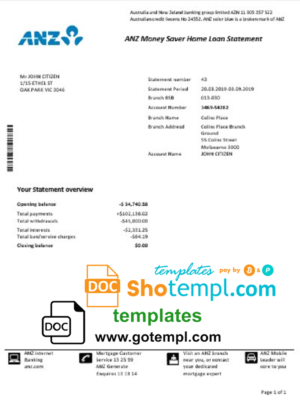 editable template, Australia ANZ proof of address bank statement template in Word and PDF format