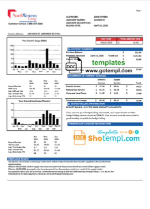 editable template, USA NorthWestern Energy utility bill template in Word and PDF format, version 1