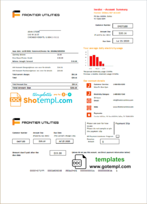 editable template, USA Texas Frontier Utilities utility bill template in Word and PDF format
