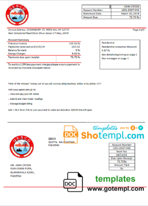 editable template, Pakistan Quetta Electric Supply Company electricity utility bill template in Word and PDF format