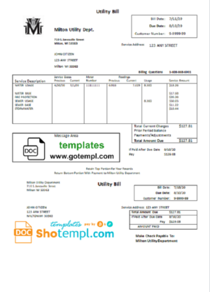 editable template, USA Massachusetts Milton Utility Dept water utility bill template in Word and PDF format