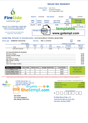 editable template, USA California FireSide natural gas utility bill template in Word and PDF format