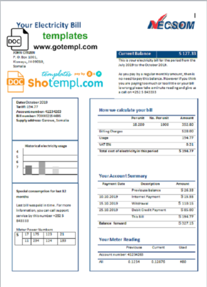 editable template, Somalia NESCOM Company electricity utility bill template in Word and PDF format