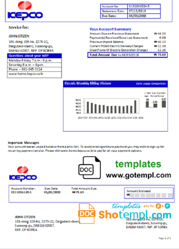 editable template, South Korea Electric Power Corporation electricity utility bill template in Word and PDF format