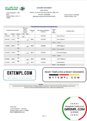 editable template, Tunisia Amen Bank statement easy to fill template in Word and PDF format