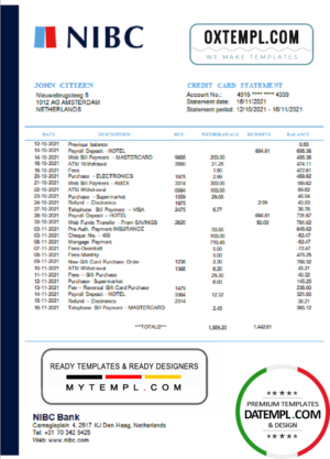 editable template, Netherlands NIBC Bank statement easy to fill template in Word and PDF format