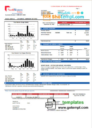 editable template, USA NorthWestern Energy utility bill template in Word and PDF format, version 2