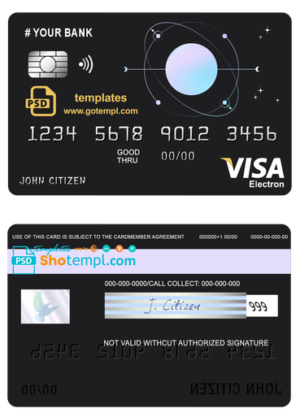editable template, # one space universal multipurpose bank visa electron credit card template in PSD format, fully editable