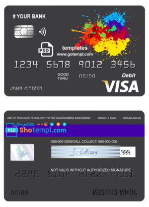 editable template, # paintings color universal multipurpose bank visa credit card template in PSD format, fully editable