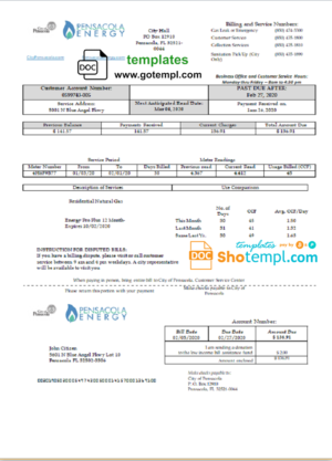 editable template, USA Florida Pensacola Energy utility bill template in Word and PDF format