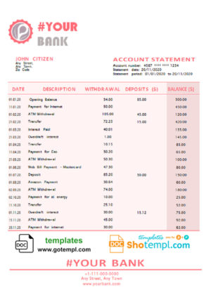 editable template, # pink gleam universal multipurpose bank statement template in Word format