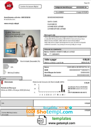 editable template, Portugal EDP electricity utility bill template in Word and PDF format