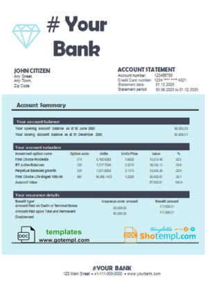 editable template, # powder blue universal multipurpose bank statement template in Word format