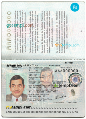 editable template, Argentina passport template in PSD format, fully editable, with all fonts