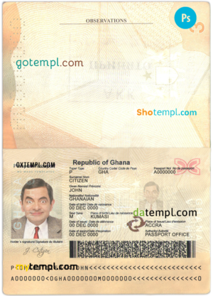 editable template, Ghana passport template in PSD format, fully editable, with all fonts