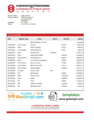 editable template, Cambodia Cambodian Public Bank statement template in Word and PDF format