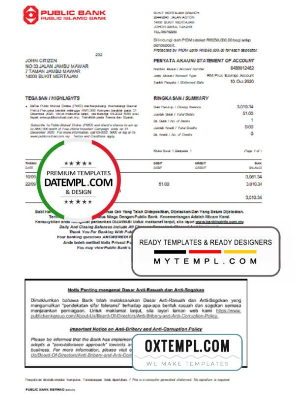 editable template, Malaysia Public bank statement template in Word and PDF format