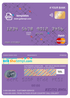 editable template, # purpleistic multipurpose bank mastercard debit credit card template in PSD format, fully editable