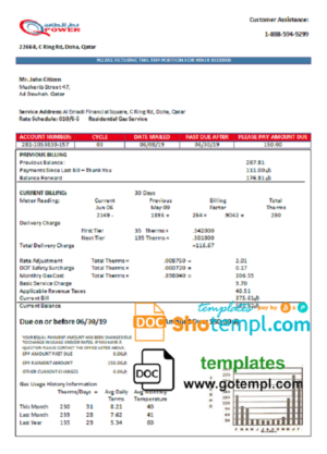 editable template, Qatar Power Company electricity utility bill template in Word and PDF format