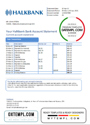 editable template, Turkmenistan Halkbank Bank statement easy to fill template in .xls and .pdf file format