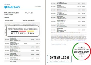 editable template, United Kingdom Barclays bank statement template in Excel and PDF format, version 3 (2 pages)