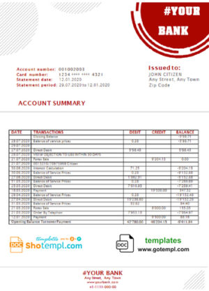 editable template, # red circles universal multipurpose bank statement template in Word format