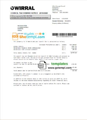 editable template, United Kingdom Wirral council tax bill template in Word and PDF format