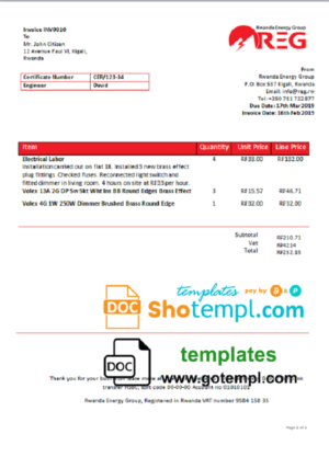 editable template, Rwanda Energy Group electricity utility bill template in Word and PDF format