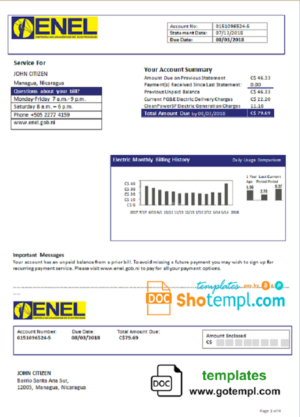 editable template, Nicaragua Nicaraguan Electricity Company ENEL electricity utility bill template in Word and PDF format