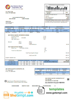 editable template, USA Texas San Patricio Electric Corporative utility bill template in Word and PDF (.doc and .pdf) format