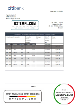 editable template, Sweden Citibank bank statement easy to fill template in Excel and PDF format