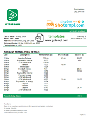 editable template, # green shape universal bank multipurpose statement template in Word format