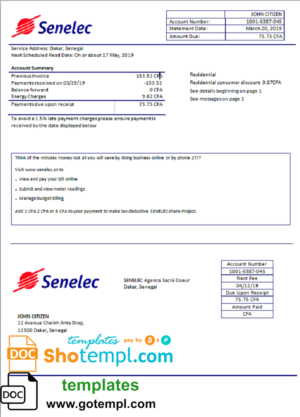 editable template, Senegal Senelec Agence Sacré Coeur Company electricity utility bill template in Word and PDF format